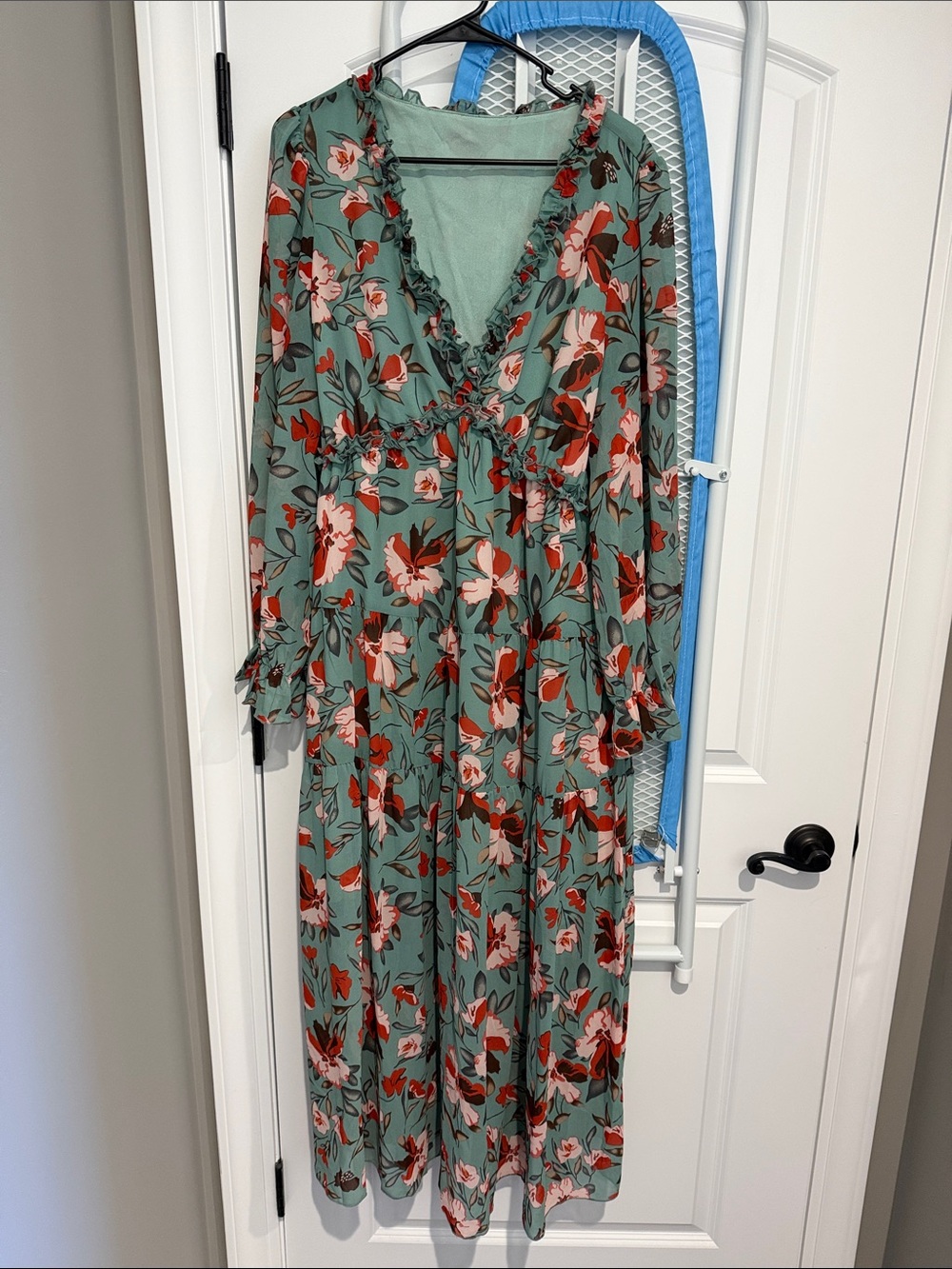 Floral Ruffle Maxi Dress in Sage Green and Coral
